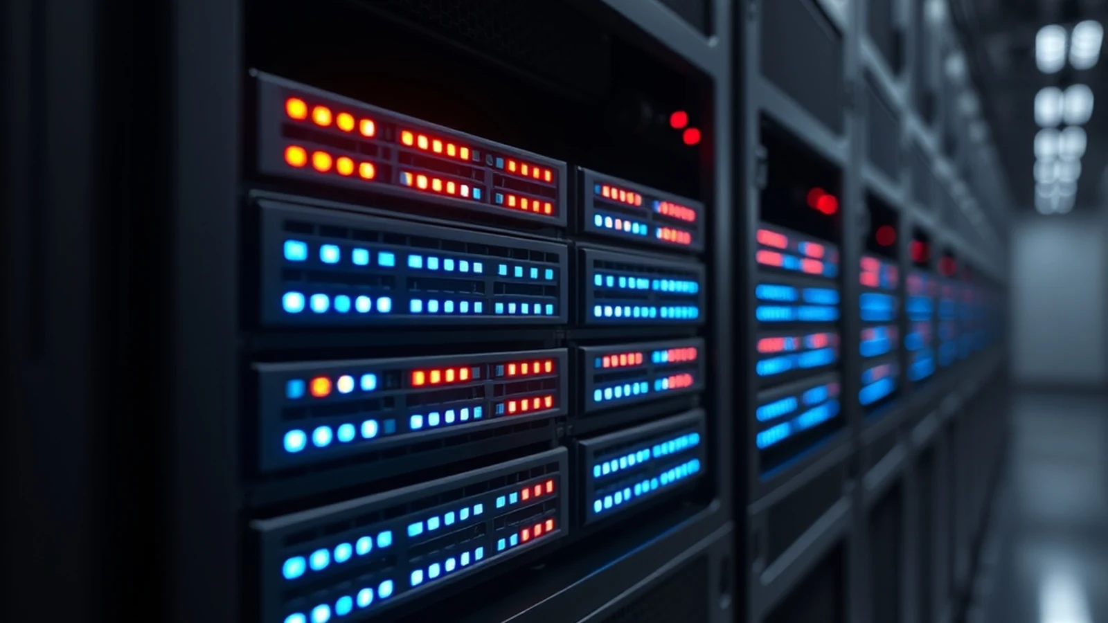 Rows of rack servers in a Swiss datacenter hall