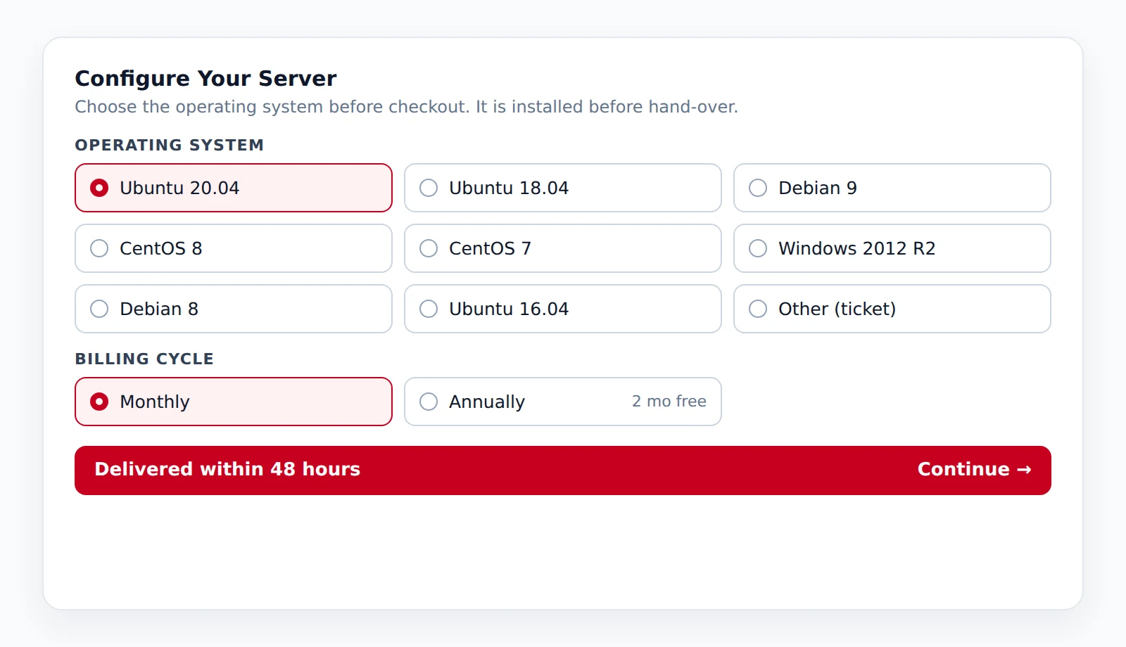 US dedicated server order form with operating system choices